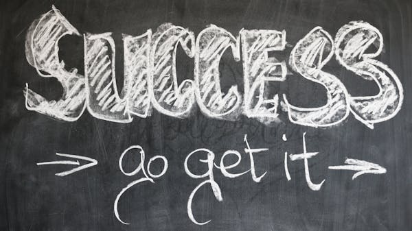 A blackboard with 'Success - Go Get It' written in chalk along with inspirational management quotes about the path to success