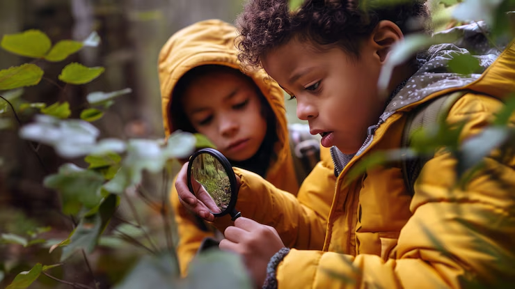 Two kids with a telescope watching out and figuring what to do with a baby animal found in the forest