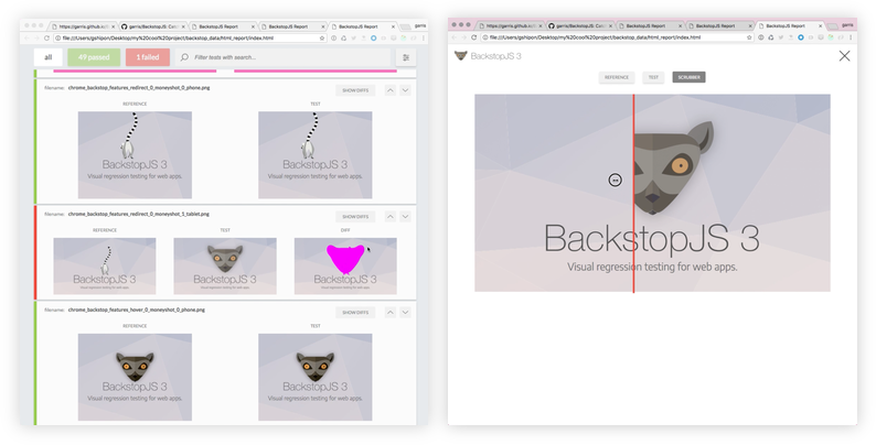 screengrab from Backstop JS's testing
