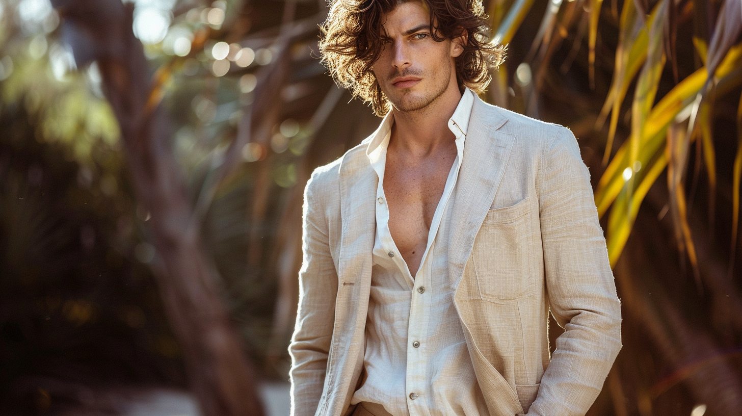 A man in a beige linen suit with a relaxed collar shirt, breathable and wrinkled texture, standing at a beach wedding or summer garden event