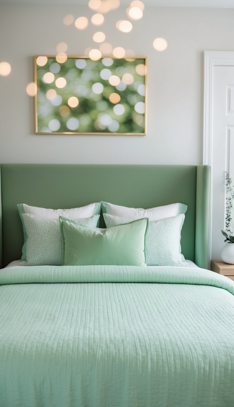 A mint green bedspread adorns a cozy bedroom with soft green accents and decor