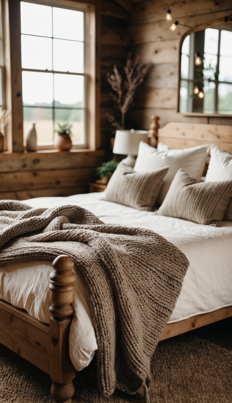 A cozy country farmhouse bedroom with a knit throw blanket draped over a rustic bed, surrounded by warm, earthy decor