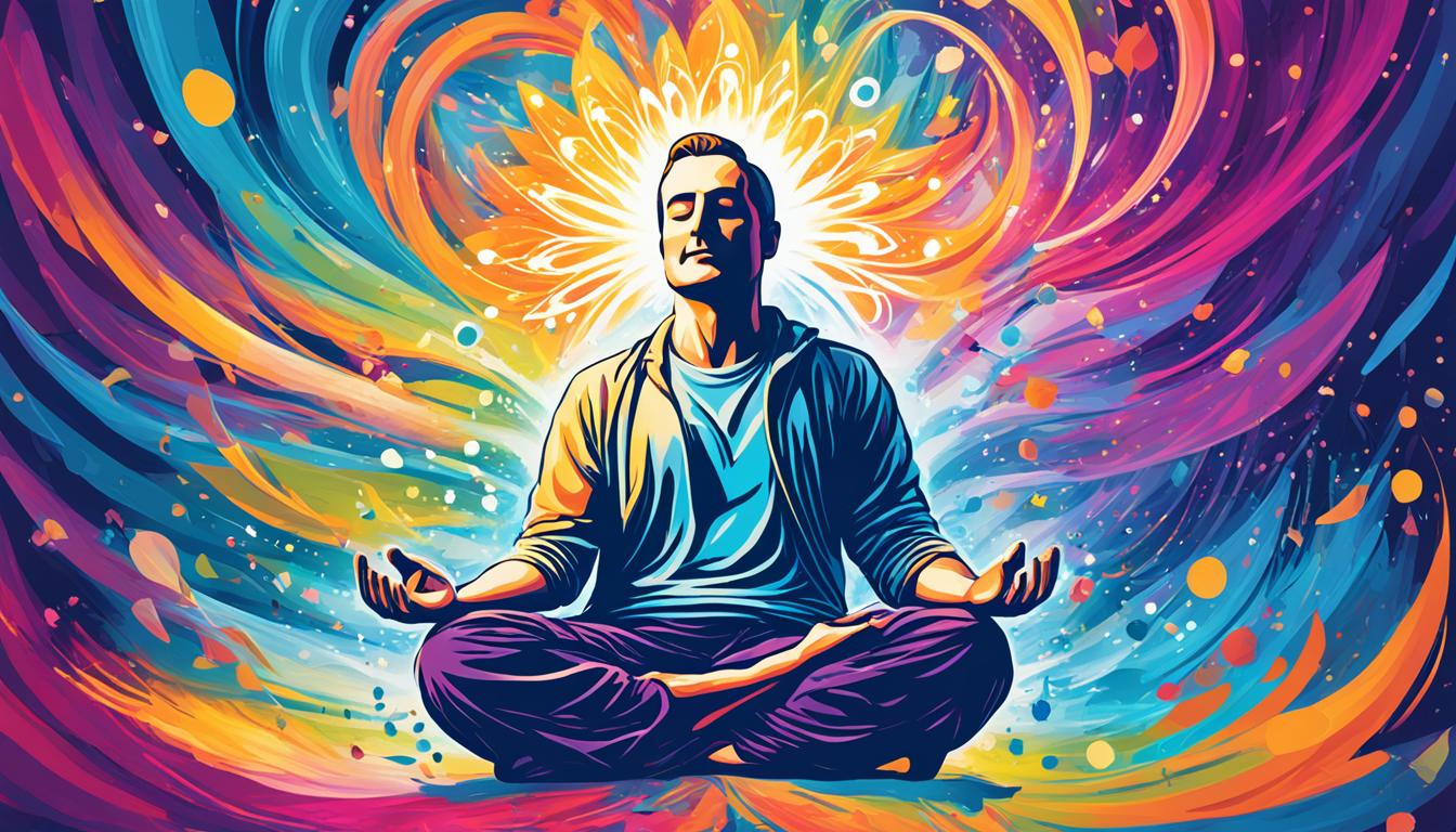 An image of a person sitting in meditation, surrounded by swirling energy and light. The person's eyes are closed in deep concentration as they focus on manifesting a text message from someone using Master Sri's Super Creator Technique. The energy around them is charged with positivity and intention, as if anything is possible through this powerful method. The colors are vibrant and dynamic, representing the limitless potential of the creative force at work.