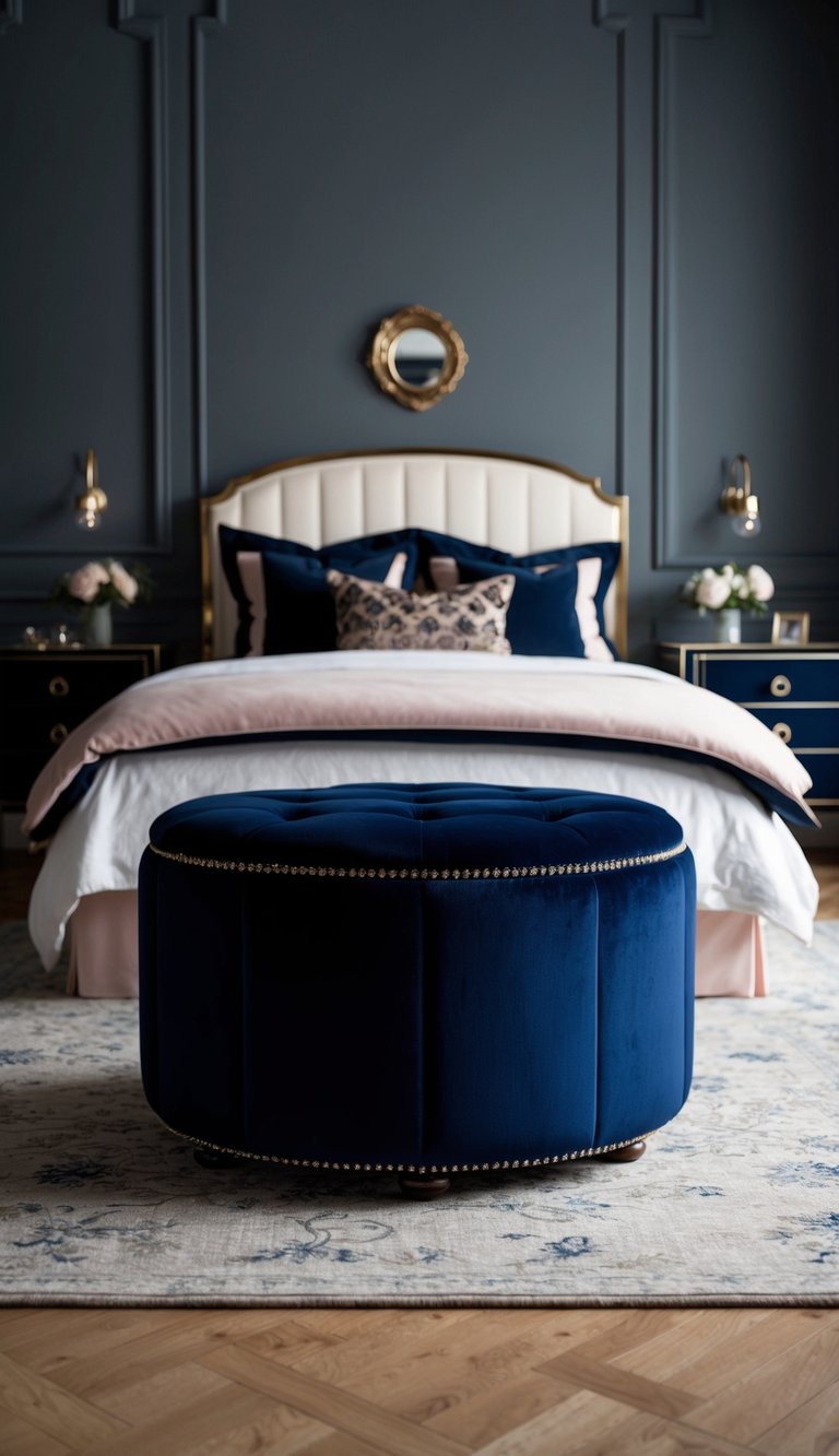 A navy velvet ottoman sits in a dark, feminine bedroom