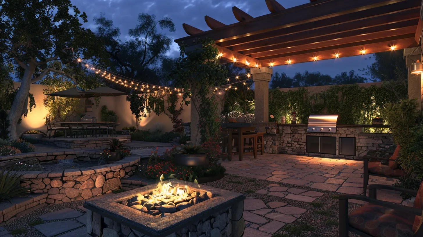 A newspaper cartoon graphic based on Backyard & Outdoor Living examples in California, the newspaper cartoon graphic should depict a luxurious backyard with a stone firepit, outdoor kitchen, cascading water feature, and pergola-covered paver patio, all illuminated by subtle landscape lighting