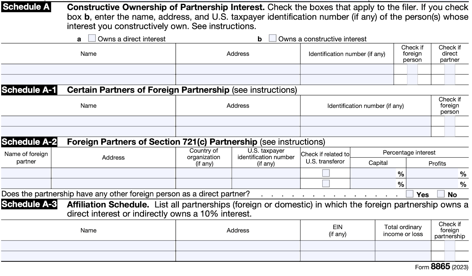 A screenshot of Schedule A: Constructive Ownership of Partnership Interest on Form 8865.