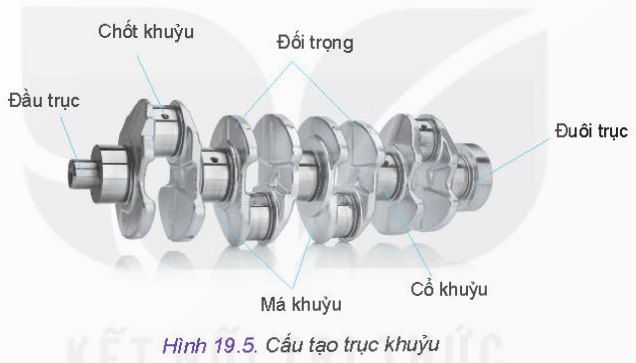 BÀI 19 - CÁC CƠ CẤU TRONG ĐỘNG CƠ ĐỐT TRONGMỞ ĐẦUCH: Nhận biết chi tiết xu páp trên Hình 19.1.Xu páp đóng, mở được thực hiện như thế nào?Đáp án chuẩn:Xu páp: là một thanh tròn dài với một đầu là hình tròn dẹtNguyên lí: Trục khuỷu quay → trục cam quay → tác động vào con đội → đũa đẩy → cò mổ → xupap → cửa nạp (thải) được đóng mở.I. CƠ CẤU TRỤC KHUỶU THANH TRUYỀNCH1: Quan sát Hình 19.2 và cho biết thanh truyền được kết nối với pít tông và trục khuỷu như thế nào.Đáp án chuẩn:Khi hoạt động, hoà khí bị đốt cháy tạo ra lực đẩy đẩy Piston chuyển động tịnh tiến trong lòng của xilanh → truyền sang chuyển động quay của trục khuỷu. Nhờ lực quay của bánh đà, thanh truyền lại đẩy piston về để bắt đầu các kỳ mới.CH2: Em hãy tìm hiểu và cho biết nhiệm vụ của xéc măng. Có mấy loại xéc măng? Đó là những loại nào?Đáp án chuẩn:Nhiệm vụ: tạo màng dầu bôi trơn cho xi lanh, chi tiết trung gian để truyền nhiệt từ piston đến xi lanh, ngăn không cho piston gõ vào thành xi lanhCó 2 loại xéc măng: xéc-măng khí (hơi), xéc-măng dầu.CH3: Tưởng tượng cắt ngang thân thanh truyền, hãy vẽ tiết diện mặt cắt và giải thích về hình dáng của tiết diện đó.Đáp án chuẩn:Tiết diện ngang của thanh truyền:Thanh truyền có rãnh dọc thân nên khi cắt sẽ có tiết diện ngang hình chữ I.CH4: Quan sát và cho biết trục khuỷu trên Hình 19.5 dùng cho động cơ có bao nhiêu xi lanh? Nêu nhận xét về vị trí giữa các cổ khuỷu với chốt khuỷu.Đáp án chuẩn:Trục khuỷu dùng cho động cơ có 4 xi lanh, cổ khuỷu và chốt khuỷu xếp đan xen với nhau.II. CƠ CẤU PHỐI KHÍCH1: Quan sát Hình 19.6 và cho biết: Khi đũa đẩy chuyển động theo chiều đi lên (theo chiều mũi tên) thì xu páp và pít tông chuyển động theo chiều đi lên hay đi xuống.Đáp án chuẩn:Khi đũa đẩy chuyển động theo chiều đi lên thì xu páp và pít tông chuyển động theo chiều đi lên.CH2: Dựa vào nguyên lí của cơ cấu phối khí dùng xi lanh treo, em hãy trình bày nguyên lí của cơ cấu pha phối khí dùng xu páp đặt.Đáp án chuẩn:Trục khuỷu quay → trục cam quay → tác động vào con đội → đũa đẩy → cò mổ → xupap → cửa nạp (thải) được đóng mở.CH3: Em hãy tìm hiểu và cho biết thêm những cách dẫn động trục cam từ trục khuỷu khác.Đáp án chuẩn:Dẫn động trục cam bằng bộ truyền bánh răng, dẫn động trục cam trên ô tô bằng bộ truyền xích, dẫn động trục cam bằng dây curoa.III. THÂN MÁY VÀ NẮP MÁY