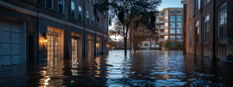 a flooded condo building in savannah, ga.