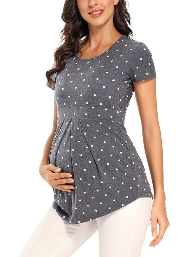 Glampunch Women’s Short Sleeve Round Neck Front Pleat Peplum Maternity Top