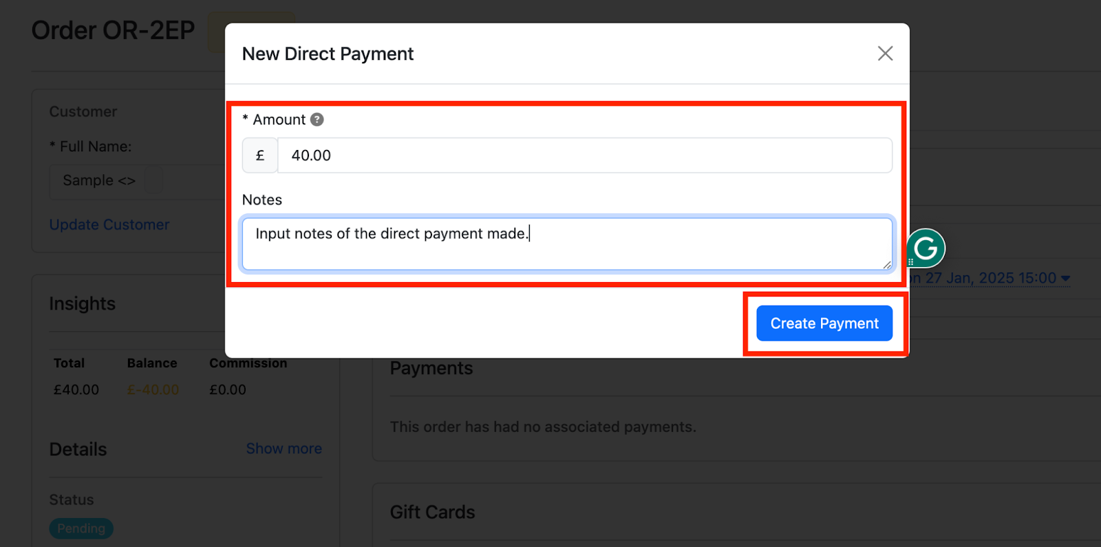 You can leave a note about the details of the direct payment made.