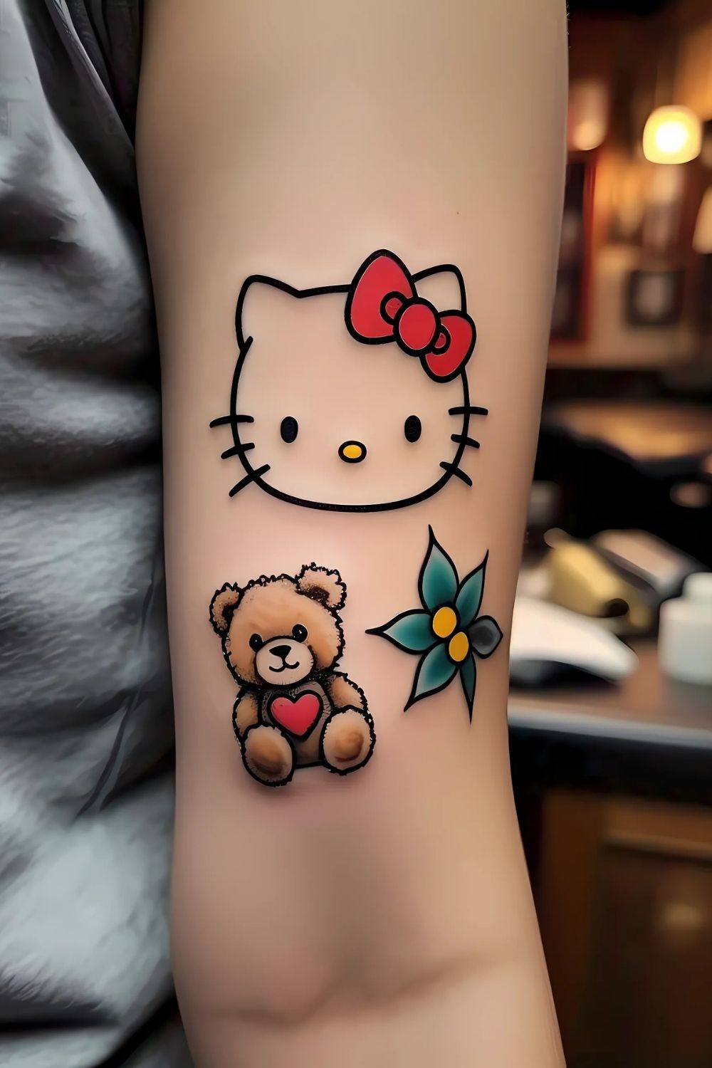 Adorable Hello Kitty and Teddy Bear Tattoo