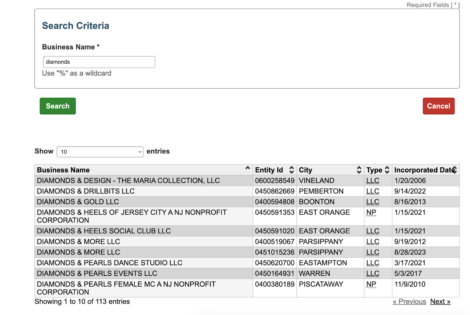 A scree shot from the New Jersey business search website showing search results for the word "diamonds."