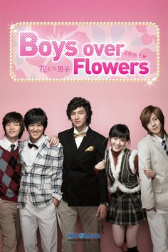 This contain an image of  BOYS OVER FLOWERS group of people standing next to each other in front of a pink background 