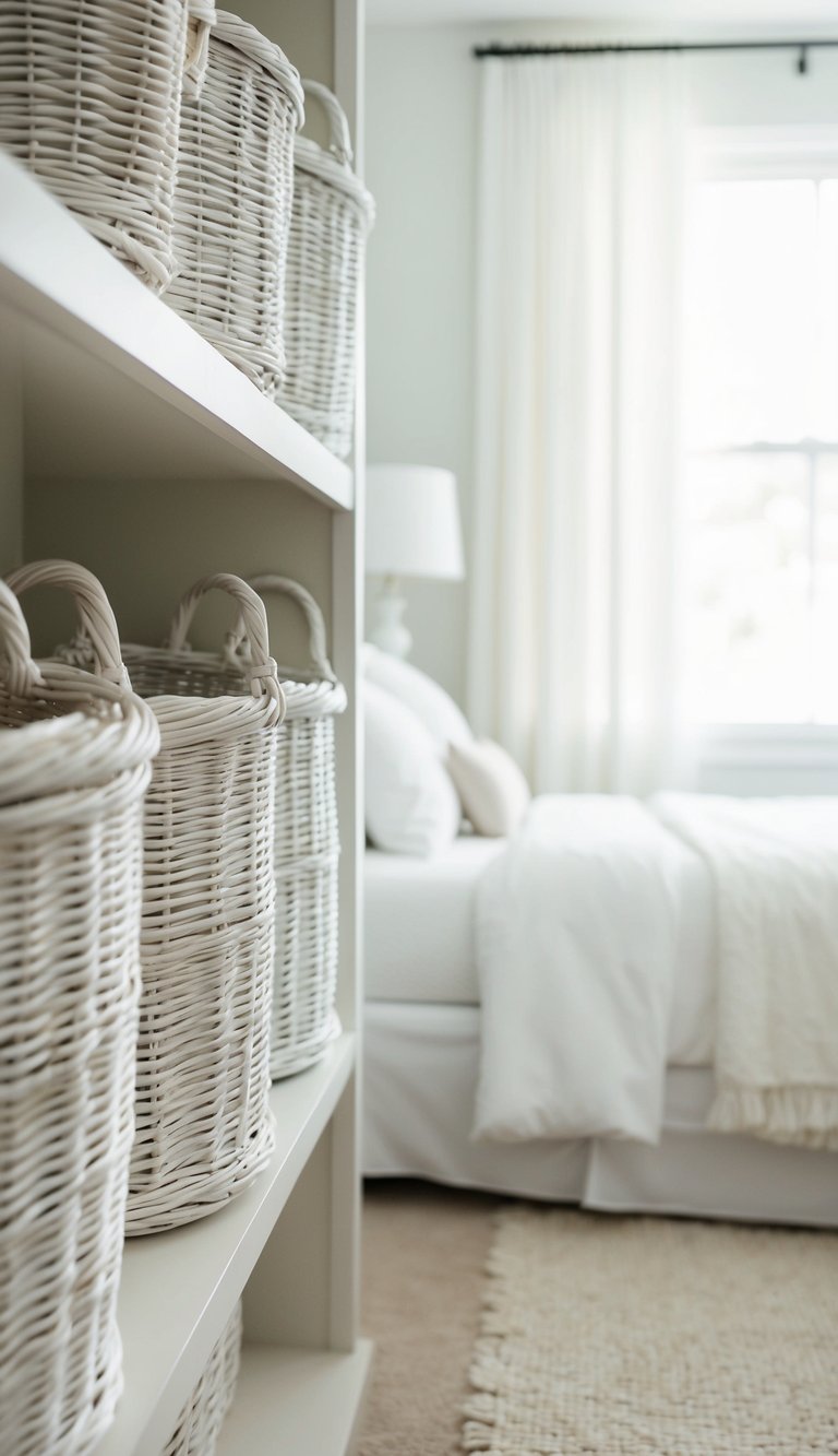 A row of white wicker baskets sits neatly on a shelf in a serene bedroom with soft, white decor