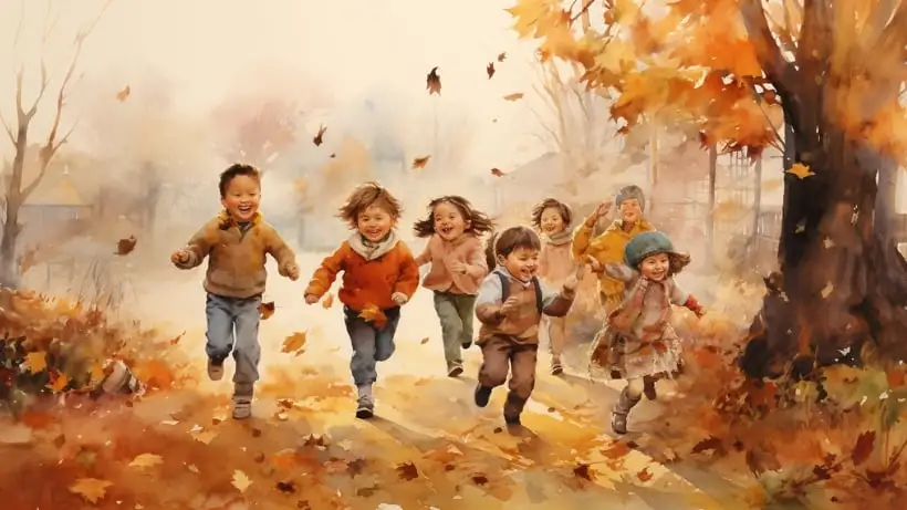 happy kids running through the Autumn foliage