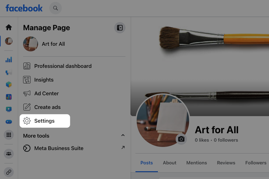 Facebook business Page options, with Settings highlighted