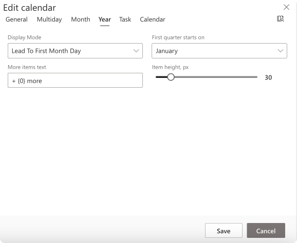 Changing annual view settings in the “Year” tab in Virto Calendar. 