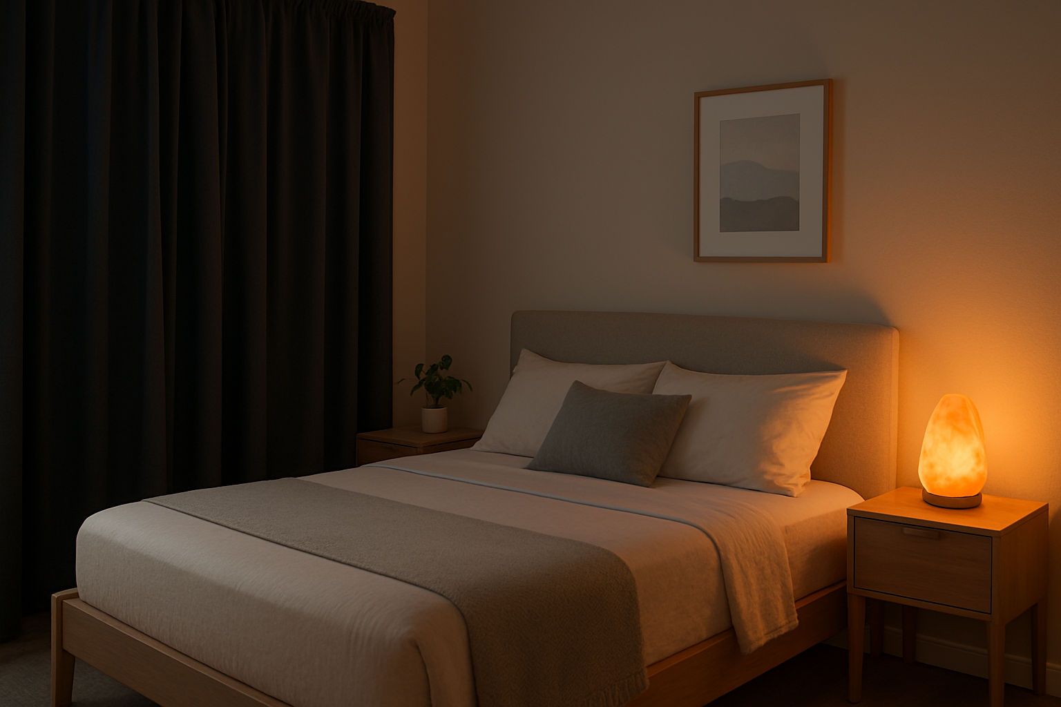 A photorealistic shot capturing a bedroom with blackout curtains, soft lighting from a Himalayan salt lamp, a comfortable mattress, and a white noise machine, creating a tranquil environment conducive to sleep and relaxation, decorated with calming colors and minimalist furniture.