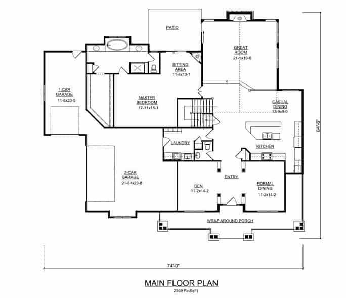 Main level floor plan of a 4-bedroom two-story bungalow home with front and rear porches, foyer, den, formal dining room, kitchen, casual dining, great room, primary suite, and laundry room leading tho the double garage.