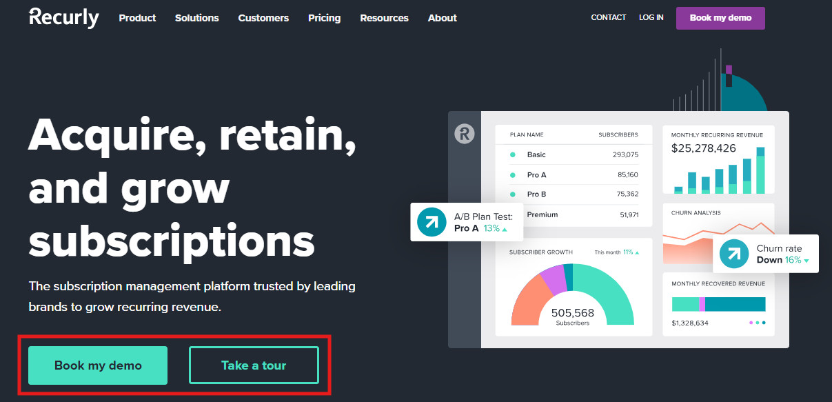 recurly b2b landing page cta buttons