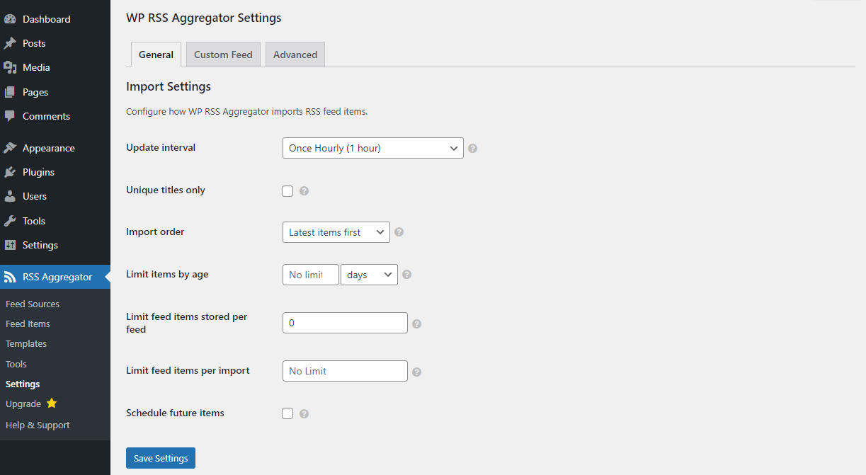 WP RSS Aggregator Settings