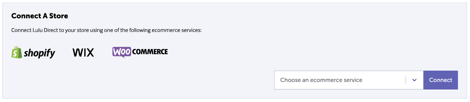 The Lulu Direct store connection screen, with the title and logo for Shopify, Wix, and WooCommerce