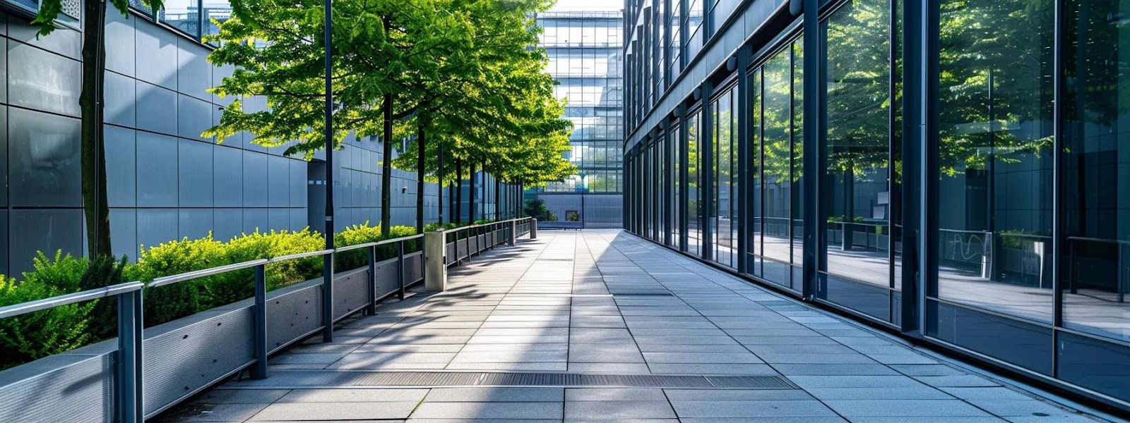 Modern urban pathway with sleek glass buildings, greenery, and safety fencing, emphasizing secure environments for construction and critical infrastructure.