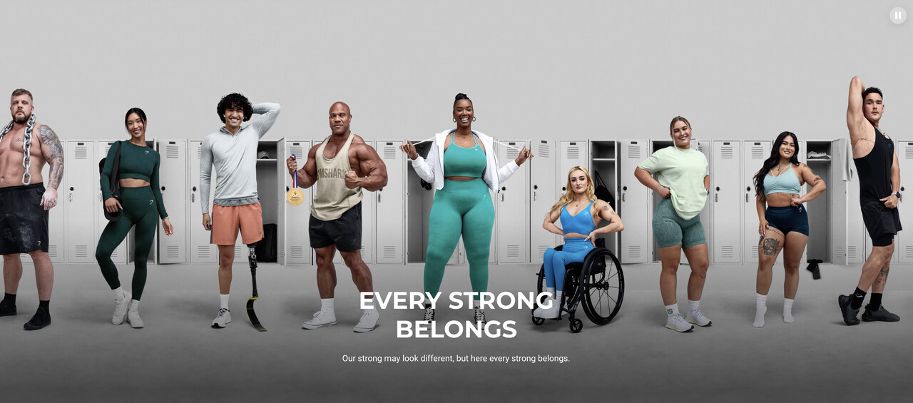 Promotional image for Gymshark's campaign 'Every Strong Belongs' showcasing a diverse group of athletes.