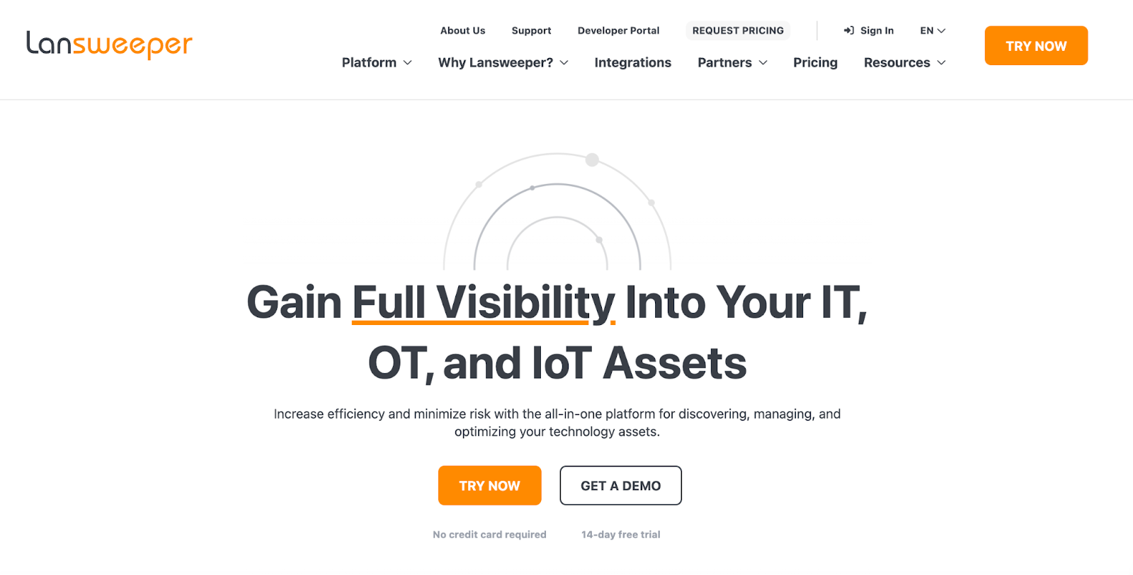 Lansweeper homepage picture. It says, " Gain Full Visibilit. Into Your IT, OT, and IoT Assets."