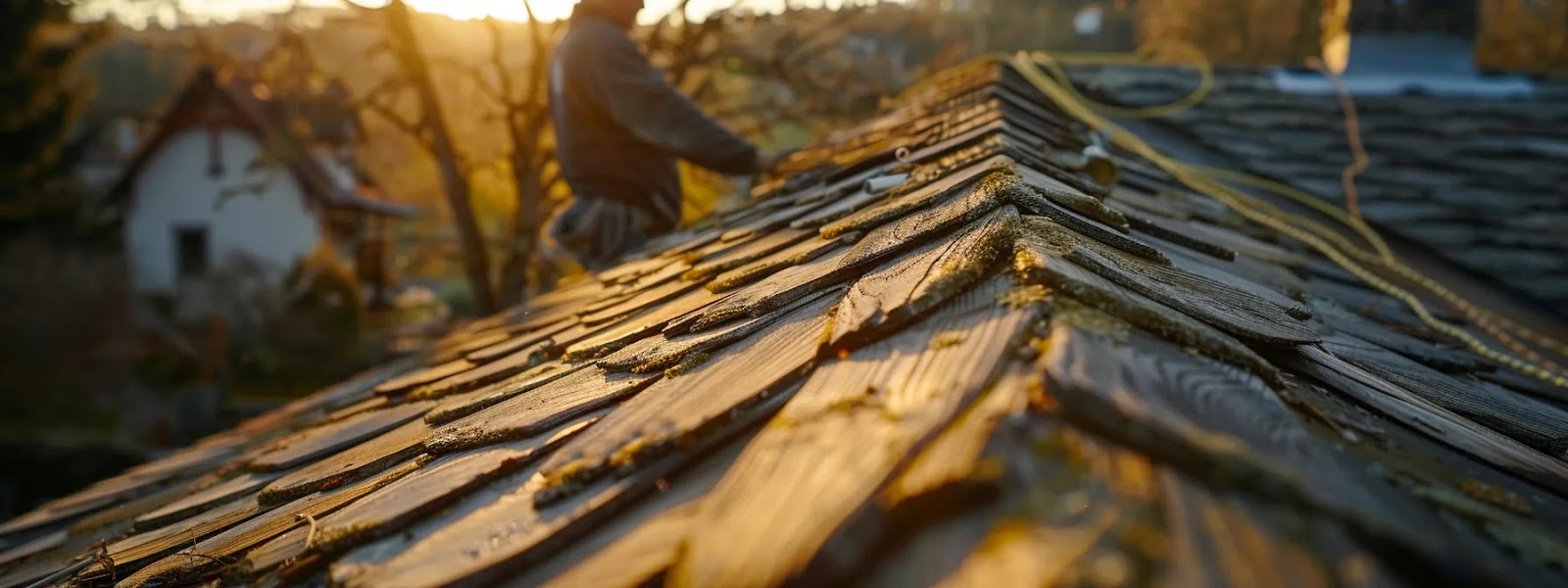 a well laid roof with carefully alignned wood shake shingles onto a roof, ensuring each piece fits perfectly for a durable and elegant finish.