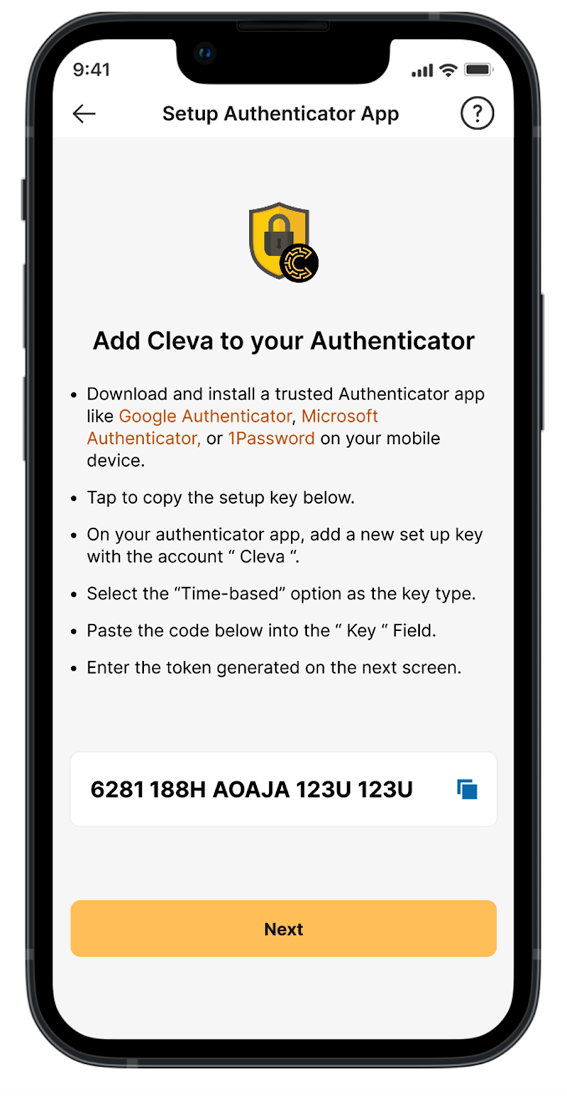 An app screen showing how to add Cleva to your authenticator app and how to set it up.
