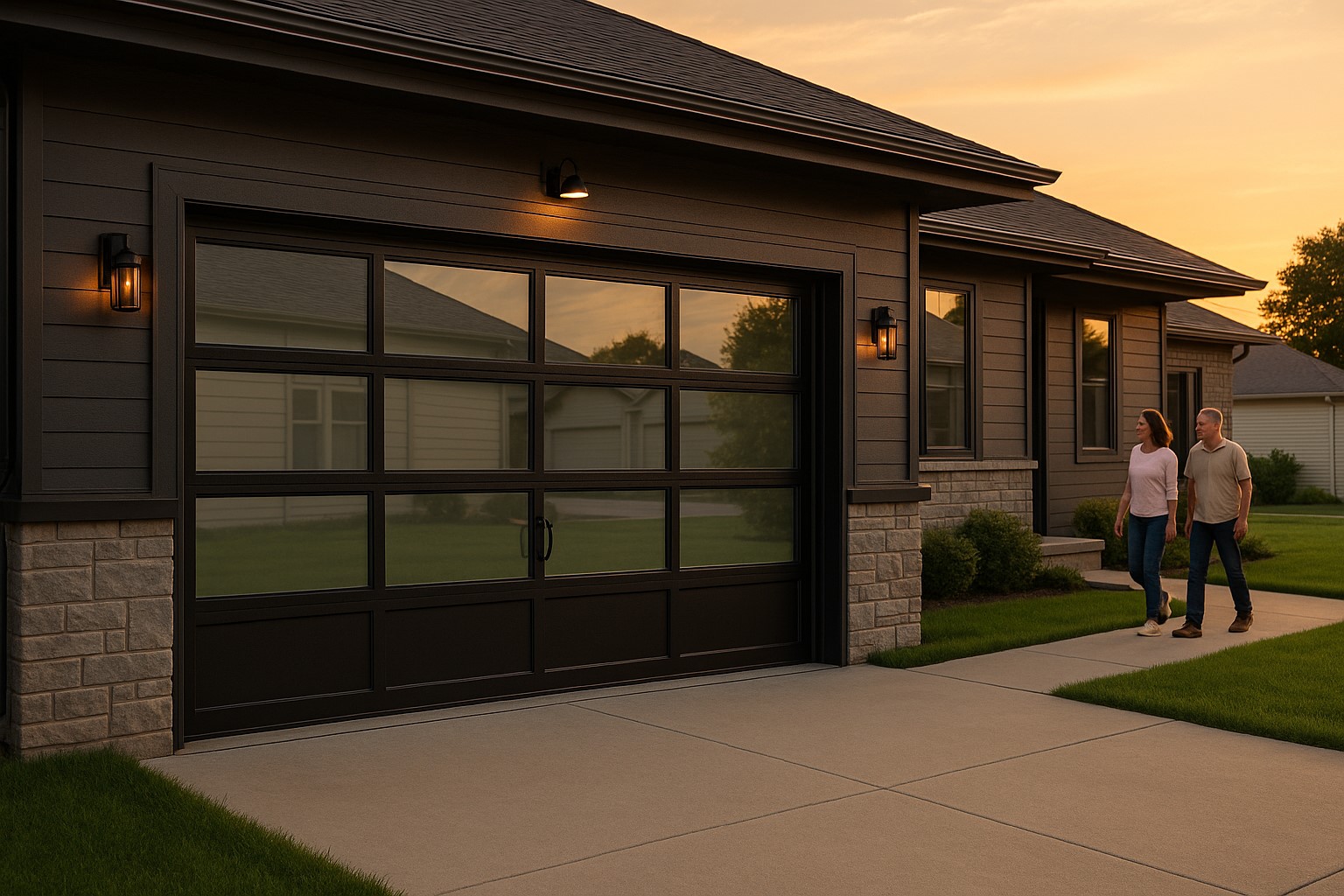 Modern home with a sleek new garage door at sunset.