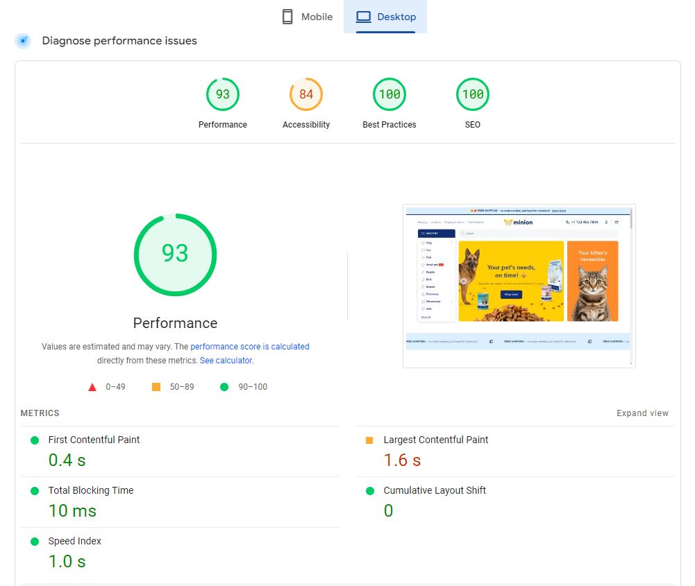 Speed ​​of Shopify Minion Theme on Desktop