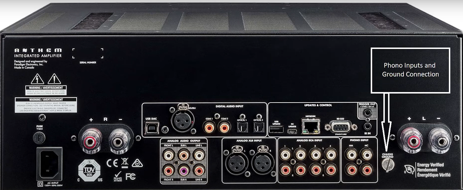 Back view of an Anthem integrated amplifier showing various input/output ports. 