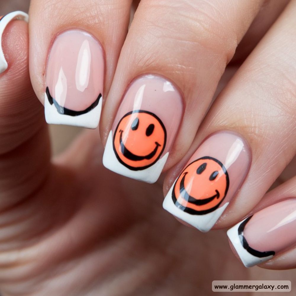 Summer French Tip Nails , Playful Smiley Faces