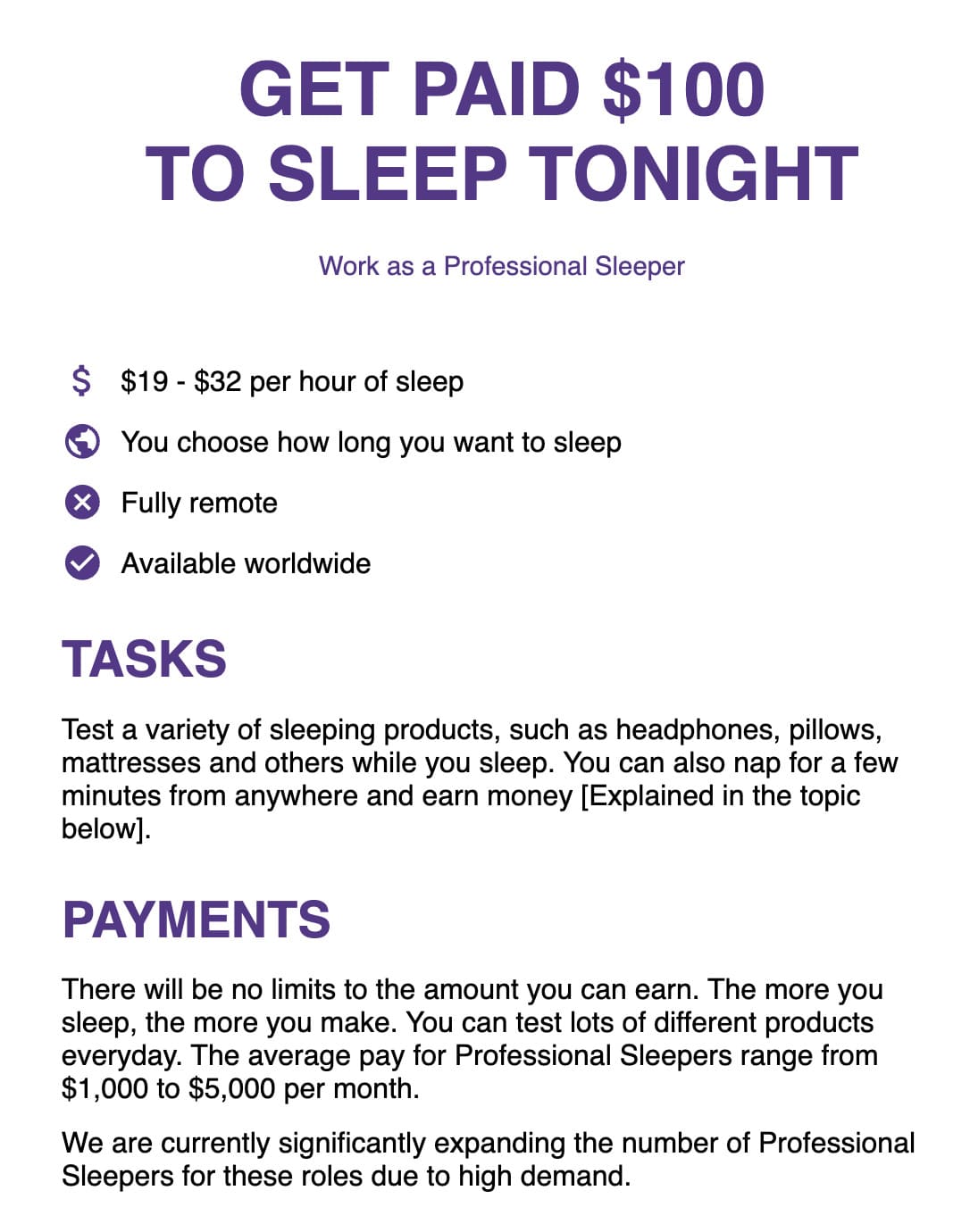 Get paid to sleep (Dream Job)