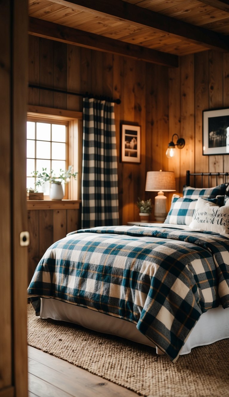 A cozy farmhouse bedroom with plaid flannel bedding, warm lighting, and rustic decor