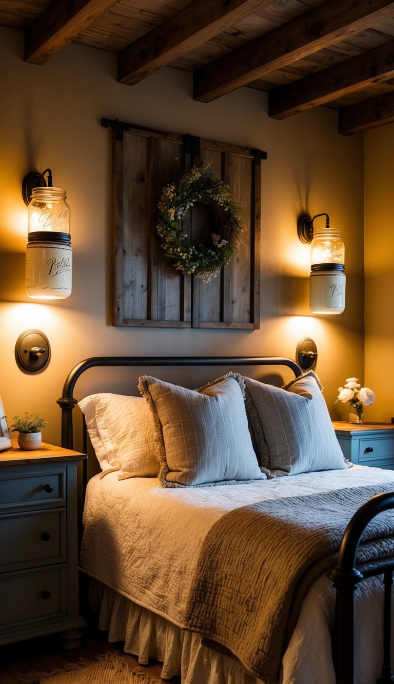 A cozy farmhouse bedroom adorned with mason jar sconces, casting a warm glow over rustic decor and vintage furnishings