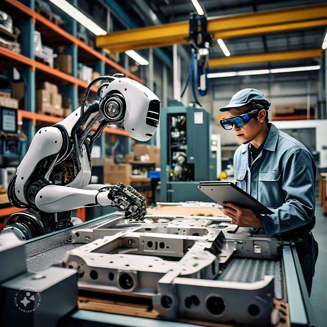 A human and robot inspecting quality on the assembly line.