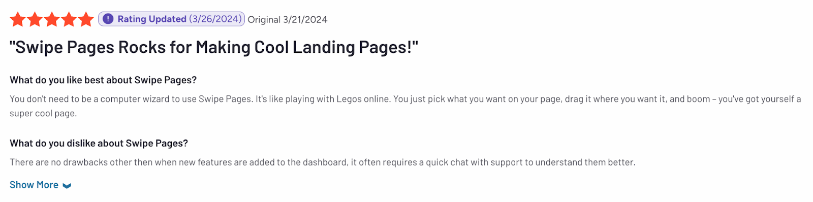 Screenshot of a user review for Swipe Pages landing page builder