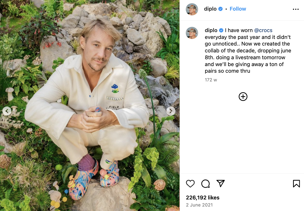 A tweet from Diplo about his collaboration with Crocs. It has over 220,000 likes.