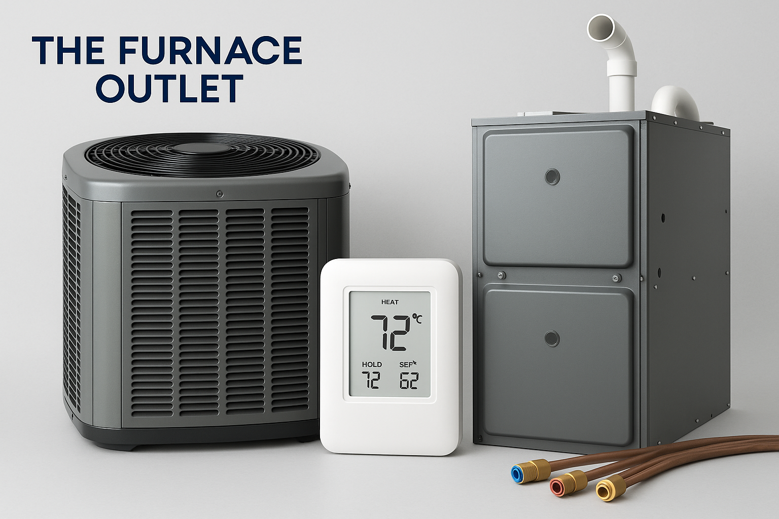A high-resolution digital photograph showcases home HVAC equipment, including a modern air conditioner, wall thermostat, and gas furnace, with The Furnace Outlet branding