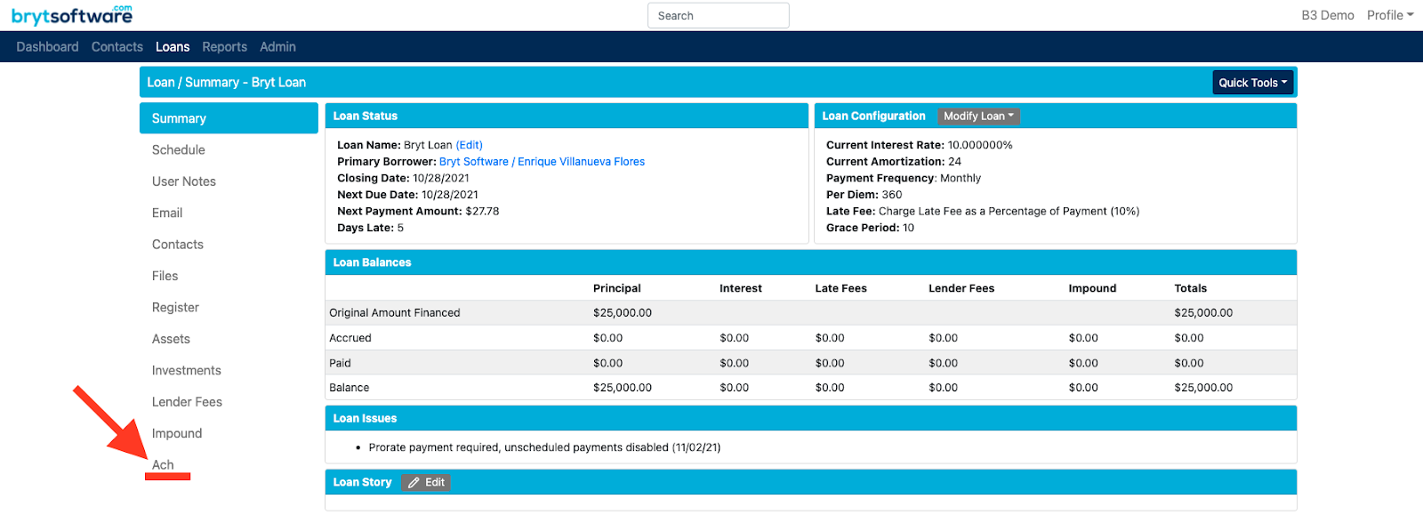 Loan summary for 'Bryt Loan 1017,' displaying borrower details, loan status, balances, configuration, and payment information.