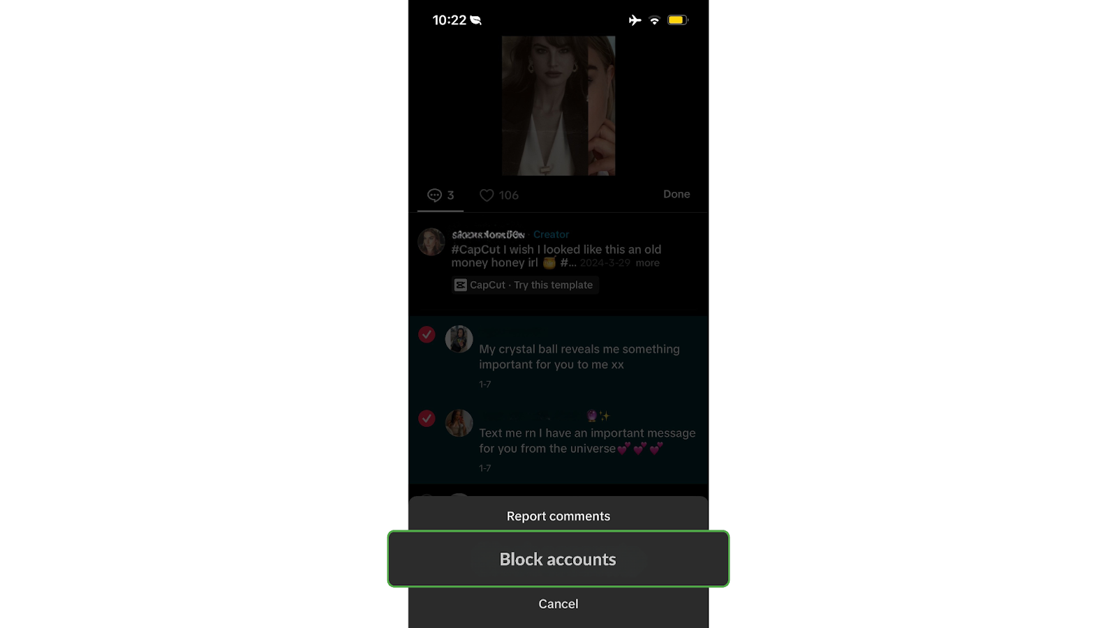 TikTok comment menu showing the “Block accounts” option selected to bulk block multiple users at once.
