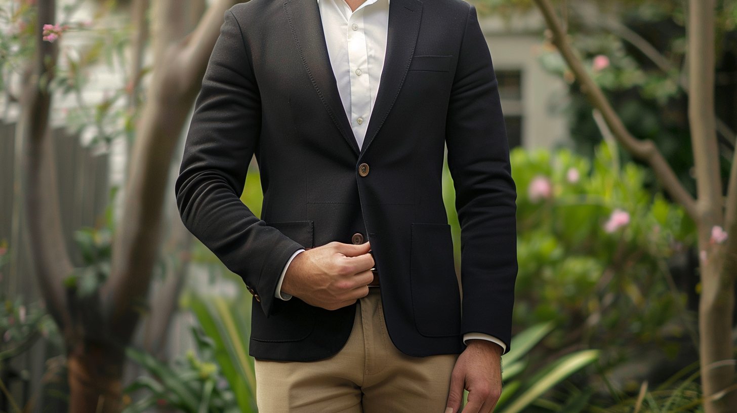 Man in a black suit jacket paired with khaki or tan trousers, white shirt, brown loafers or dress shoes, light outdoor spring or garden setting.
