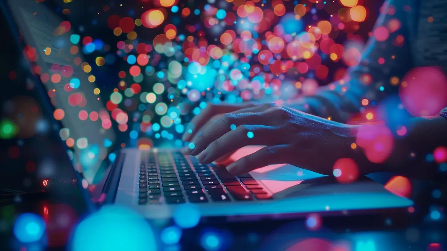 a person typing on a laptop surrounded by colorful charts and graphs showing website traffic analytics and keyword research data for developing a comprehensive web seo strategy.