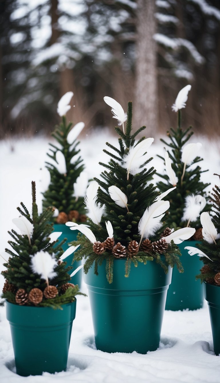 A group of pine planters filled with feathers and winter foliage, arranged in a snowy outdoor setting