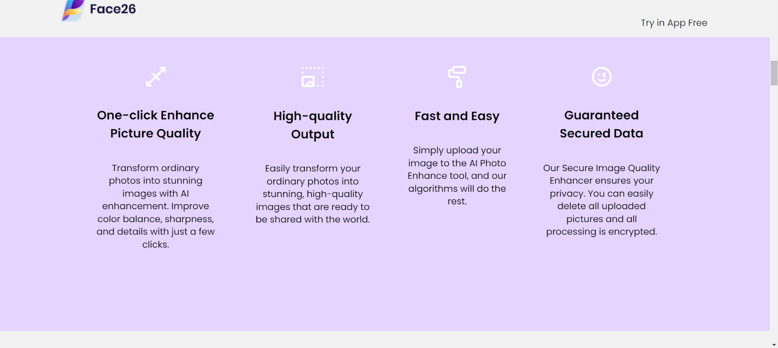 features of AI enhancement tool face26