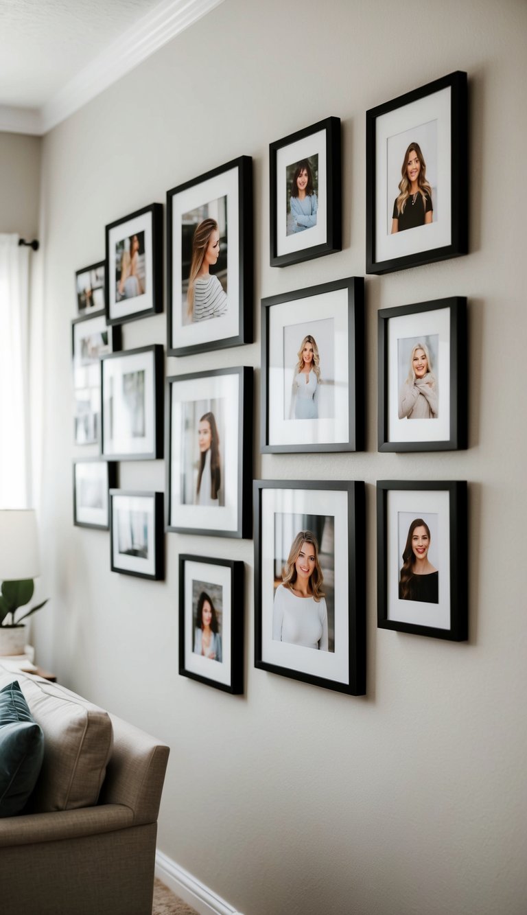 A gallery wall with 23 frames displaying various grown woman bedroom ideas