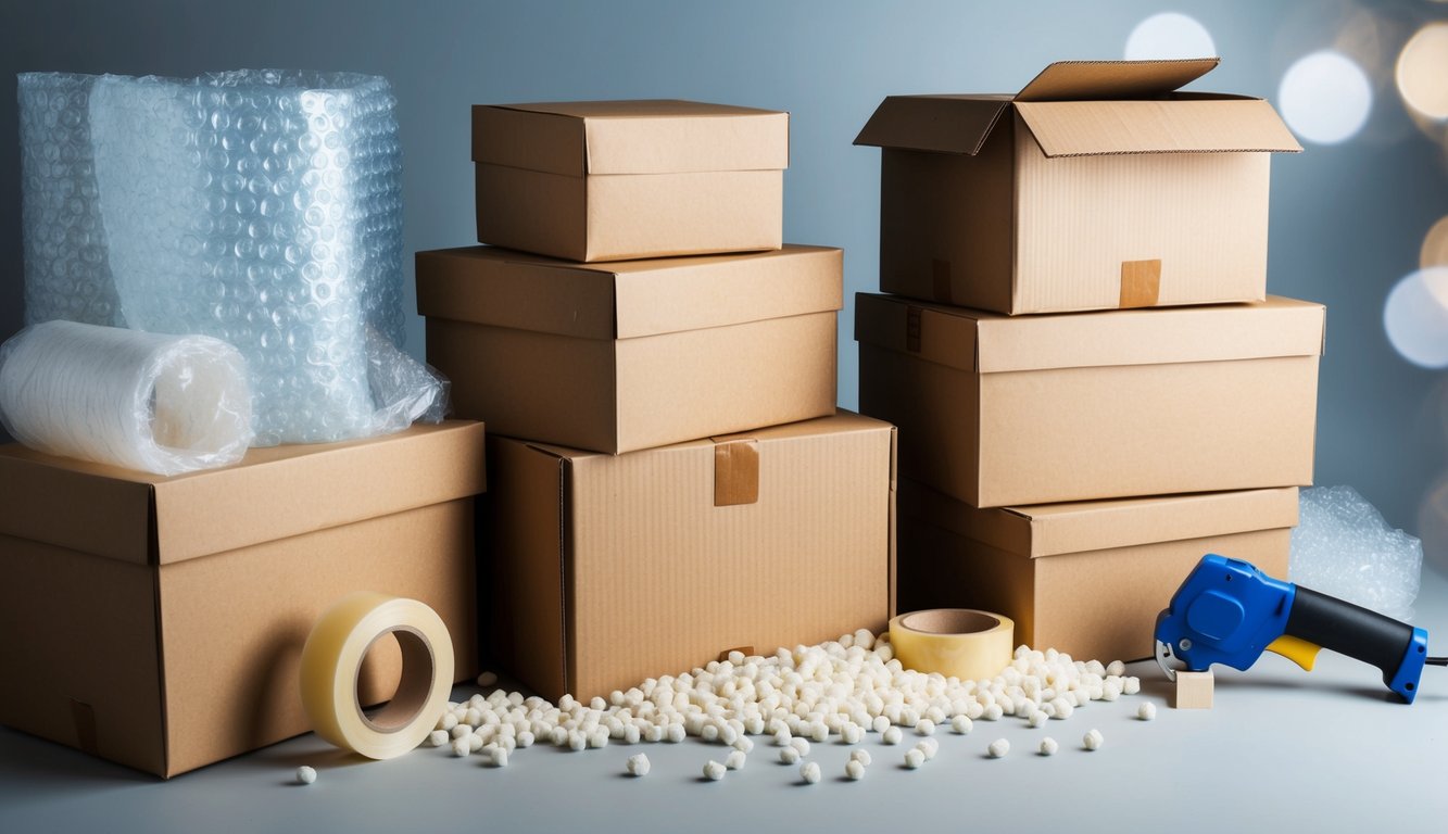 A pile of various sized cardboard boxes stacked neatly, with bubble wrap and packing peanuts scattered around. A roll of packing tape and a tape gun sit nearby